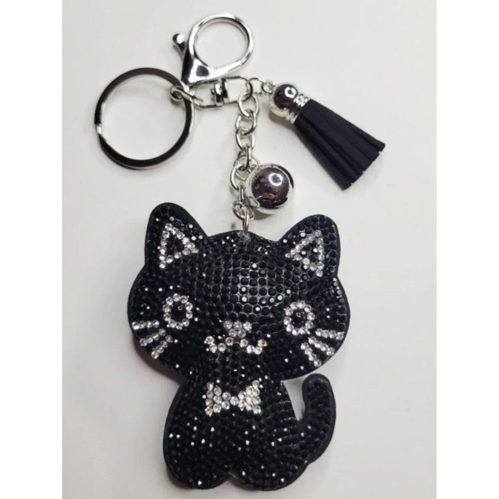 NWT Sparkle Black Cat Keychain Purse Charm With Tassel And Silver Keyring MEOW